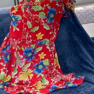 Jessica Simpson beautiful red flowered dress red backgroud with vibrant flowers